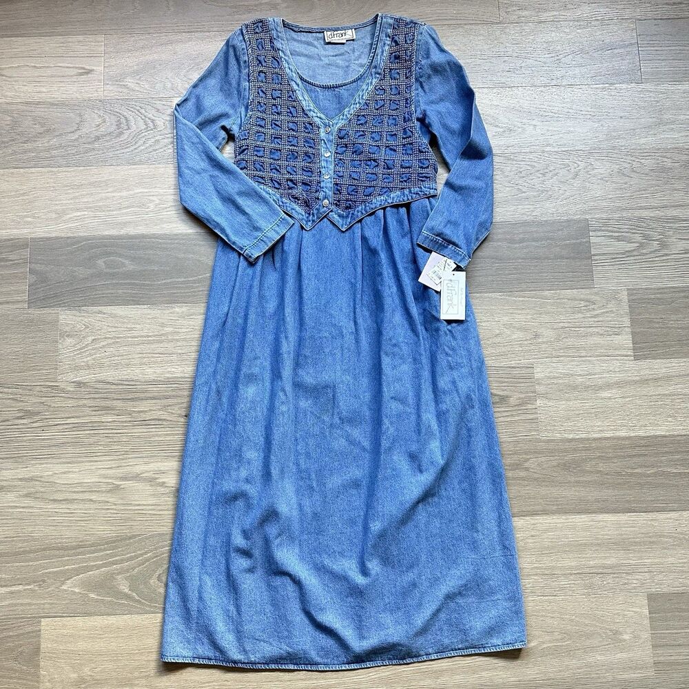 Vintage d. Frank Dress Women 10 Denim Blue Western Prairie Cottage Boho 90s